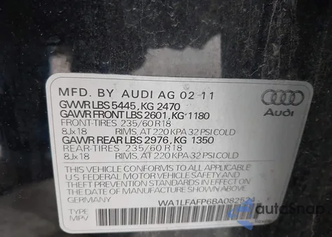 2011 Audi Q5 2.0T Premium from USA, damaged, VIN WA1LFAFP6BA082524